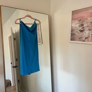 Short mango bright blue silk dress ties in back